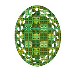 Mod Yellow Green Squares Pattern Oval Filigree Ornament (two Sides)