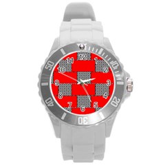 Black And White Red Patterns Round Plastic Sport Watch (l) by Simbadda