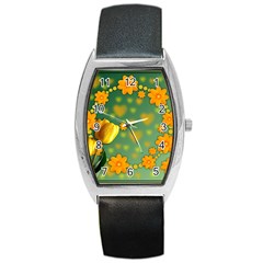 Background Design Texture Tulips Barrel Style Metal Watch by Celenk