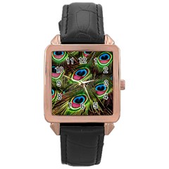 Peacock Feathers Color Plumage Rose Gold Leather Watch  by Celenk