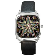 Star Mandala Pattern Design Doodle Square Metal Watch by Simbadda