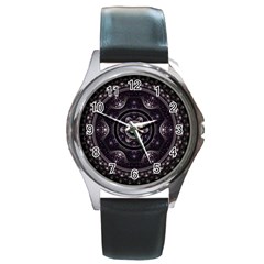 Fractal Mandala Circles Purple Round Metal Watch by Simbadda