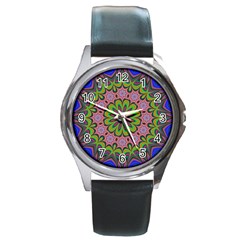 Floral Fractal Star Render Round Metal Watch by Simbadda