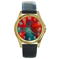 Green Red Lines Round Gold Metal Watch by kunstklamotte023