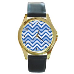 Waves Wavy Lines Pattern Design Round Gold Metal Watch by Sapixe