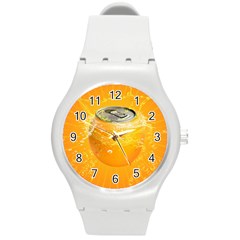 Orange Drink Splash Poster Round Plastic Sport Watch (m) by Sapixe