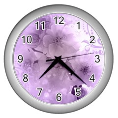 Wonderful Flowers In Soft Violet Colors Wall Clock (Silver)