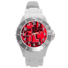 Background With Red Texture Blocks Round Plastic Sport Watch (L)