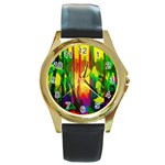 Abstract Vibrant Colour Botany Round Gold Metal Watch Front