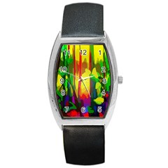 Abstract Vibrant Colour Botany Barrel Style Metal Watch