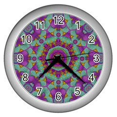 Water Garden Lotus Blossoms In Sacred Style Wall Clock (silver) by pepitasart