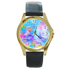 Background Drips Fluid Colorful Round Gold Metal Watch