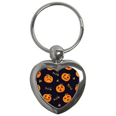 Funny Scary Black Orange Halloween Pumpkins Pattern Key Chains (heart)  by HalloweenParty