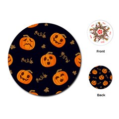 Funny Scary Black Orange Halloween Pumpkins Pattern Playing Cards (round) by HalloweenParty