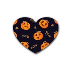 Funny Scary Black Orange Halloween Pumpkins Pattern Rubber Coaster (heart)  by HalloweenParty