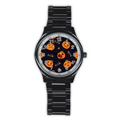 Funny Scary Black Orange Halloween Pumpkins Pattern Stainless Steel Round Watch