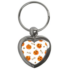 Funny Spooky Halloween Pumpkins Pattern White Orange Key Chains (heart)  by HalloweenParty