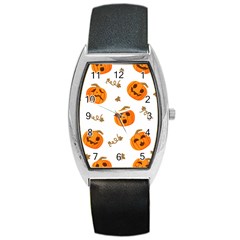 Funny Spooky Halloween Pumpkins Pattern White Orange Barrel Style Metal Watch by HalloweenParty