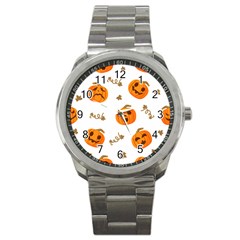 Funny Spooky Halloween Pumpkins Pattern White Orange Sport Metal Watch by HalloweenParty