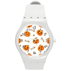 Funny Spooky Halloween Pumpkins Pattern White Orange Round Plastic Sport Watch (m) by HalloweenParty