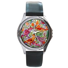 Art Flower Pattern Background Round Metal Watch by Sapixe
