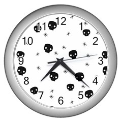 Pattern Skull Stars Handrawn Naive Halloween Gothic Black And White Wall Clock (silver)