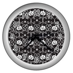 Pattern Pumpkin Spider Vintage Gothic Halloween Black And White Wall Clock (silver)