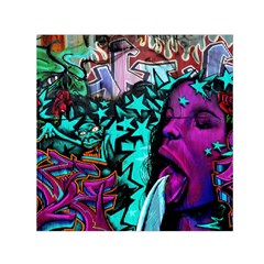 Graffiti Woman And Monsters Turquoise Cyan And Purple Bright Urban Art With Stars Small Satin Scarf (square) by genx