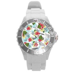 Apu Apustaja And Groyper Pepe The Frog Frens Hawaiian Shirt With Red Hibiscus On White Background From Kekistan Round Plastic Sport Watch (l) by snek