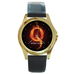 Qanon Letter Q Fire Effect Wwgowga Wwg1wga Round Gold Metal Watch by snek