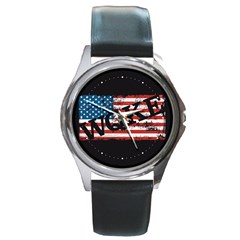 Qanon Grunge Woke Wqke With Usa Flag Wwgowga Wwg1wga Round Metal Watch by snek