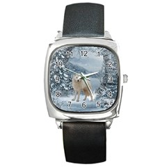 Wonderful Arctic Wolf In The Winter Landscape Square Metal Watch by FantasyWorld7