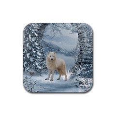 Wonderful Arctic Wolf In The Winter Landscape Rubber Coaster (square)  by FantasyWorld7