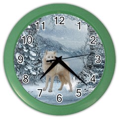 Wonderful Arctic Wolf In The Winter Landscape Color Wall Clock by FantasyWorld7