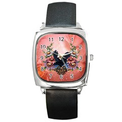 Wonderful Crow With Flowers On Red Vintage Dsign Square Metal Watch