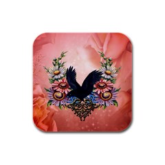 Wonderful Crow With Flowers On Red Vintage Dsign Rubber Square Coaster (4 Pack)  by FantasyWorld7