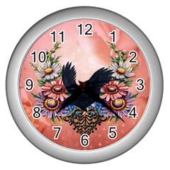 Wonderful Crow With Flowers On Red Vintage Dsign Wall Clock (silver)