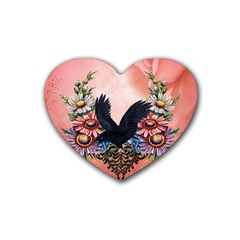 Wonderful Crow With Flowers On Red Vintage Dsign Rubber Coaster (heart)  by FantasyWorld7