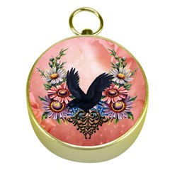 Wonderful Crow With Flowers On Red Vintage Dsign Gold Compasses by FantasyWorld7