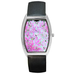 Hot Pink And White Peppermint Twist Flower Petals Barrel Style Metal Watch by myrubiogarden