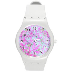 Hot Pink And White Peppermint Twist Flower Petals Round Plastic Sport Watch (m)