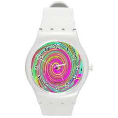 Groovy Abstract Pink, Turquoise And Yellow Swirl Round Plastic Sport Watch (m) by myrubiogarden