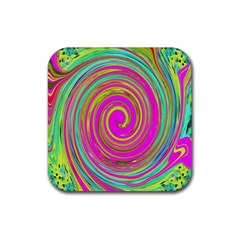 Groovy Abstract Pink, Turquoise And Yellow Swirl Rubber Coaster (square)  by myrubiogarden