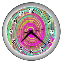 Groovy Abstract Pink, Turquoise And Yellow Swirl Wall Clock (silver)