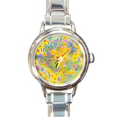 Pretty Yellow And Red Flowers With Turquoise Round Italian Charm Watch by myrubiogarden