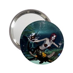 Wonderful Fmermaid With Turtle In The Deep Ocean 2 25  Handbag Mirrors by FantasyWorld7