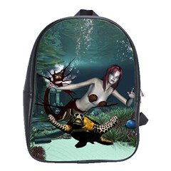 Wonderful Fmermaid With Turtle In The Deep Ocean School Bag (large) by FantasyWorld7