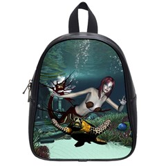 Wonderful Fmermaid With Turtle In The Deep Ocean School Bag (small) by FantasyWorld7