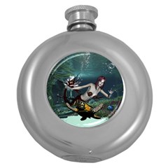 Wonderful Fmermaid With Turtle In The Deep Ocean Round Hip Flask (5 Oz) by FantasyWorld7