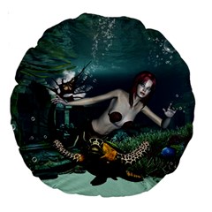 Wonderful Fmermaid With Turtle In The Deep Ocean Large 18  Premium Round Cushions by FantasyWorld7